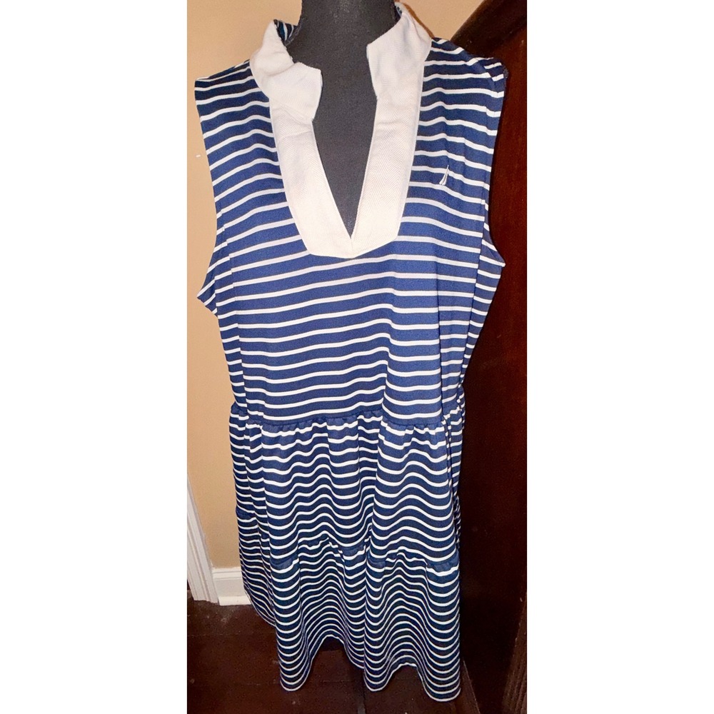 Nautica Jeans Striped Dress Women XXL Blue White Good Tiered Sleeveless Preppy
